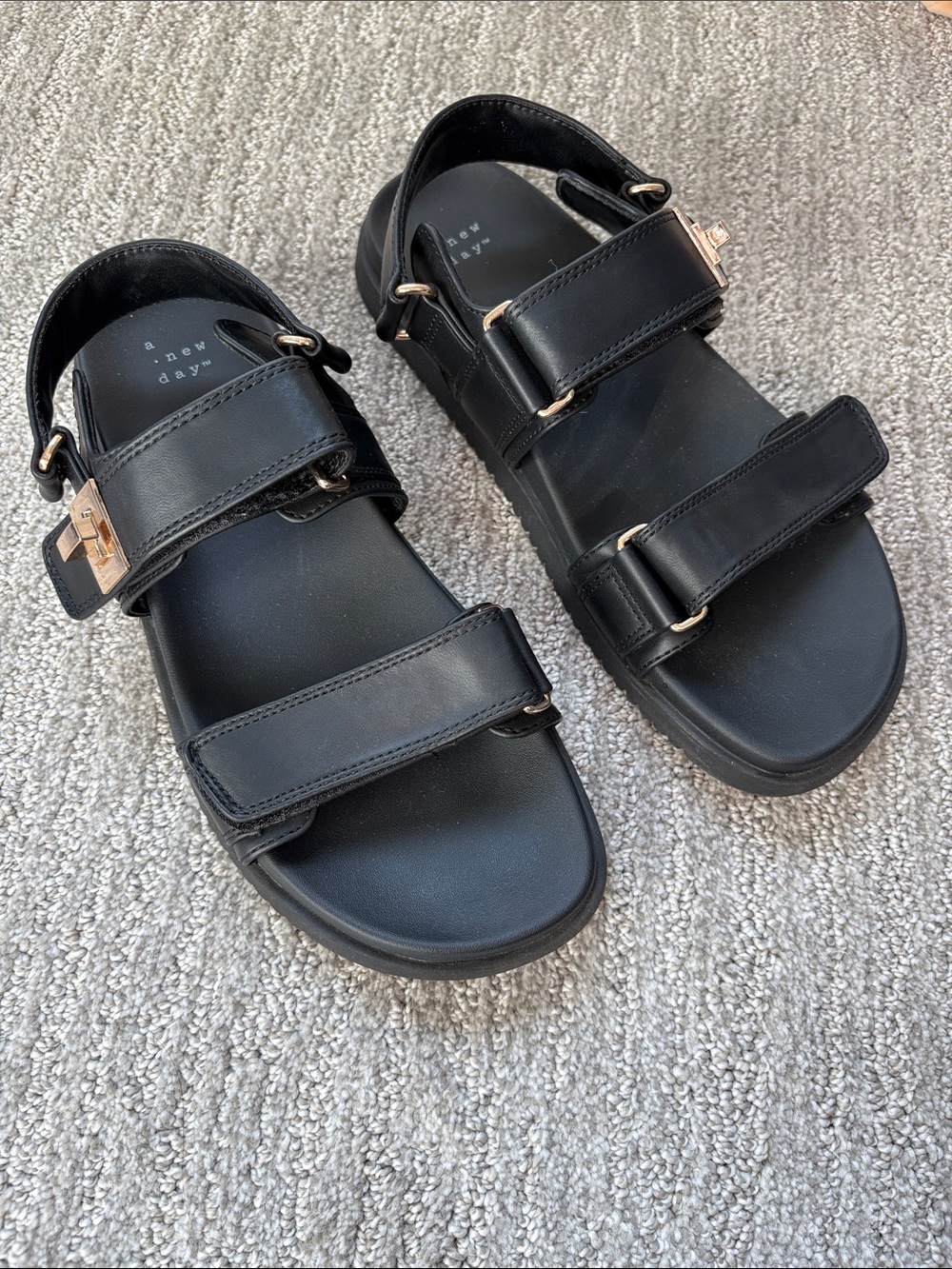 a new day Black Velcro Sport Sandals with Rose Gold Buckles